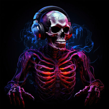 the AI Image Generator, Skeleton With Headphones Surrounded by Neon Purple Energy,の素材