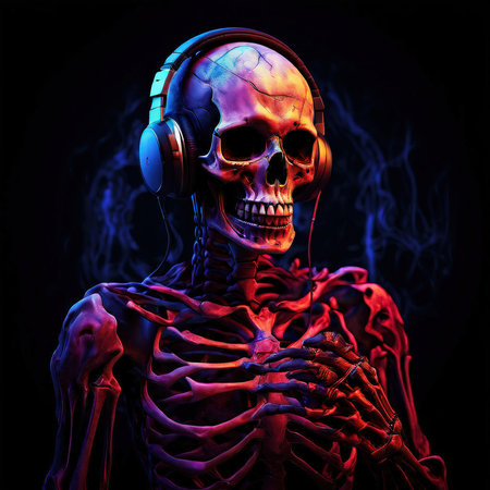 the AI Image Generator, Skeleton With Headphones Surrounded by Neon Purple Energy,の素材