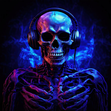 the AI Image Generator, Skeleton With Headphones Surrounded by Neon Purple Energy,の素材