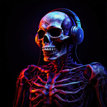 the AI Image Generator, Skeleton With Headphones Surrounded by Neon Purple Energy,の素材