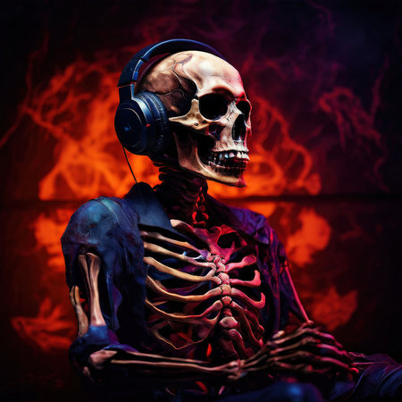 the AI Image Generator, Skeleton With Headphones Surrounded by Neon Purple Energy,の素材
