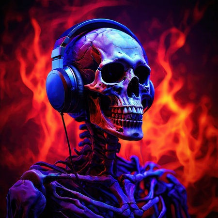 the AI Image Generator, Skeleton With Headphones Surrounded by Neon Purple Energy,の素材