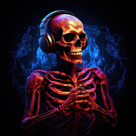 the AI Image Generator, Skeleton With Headphones Surrounded by Neon Purple Energy,の素材