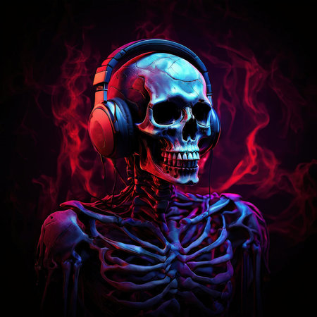 the AI Image Generator, Skeleton With Headphones Surrounded by Neon Purple Energy,の素材