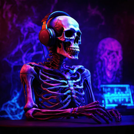 the AI Image Generator, Skeleton With Headphones Surrounded by Neon Purple Energy,の素材