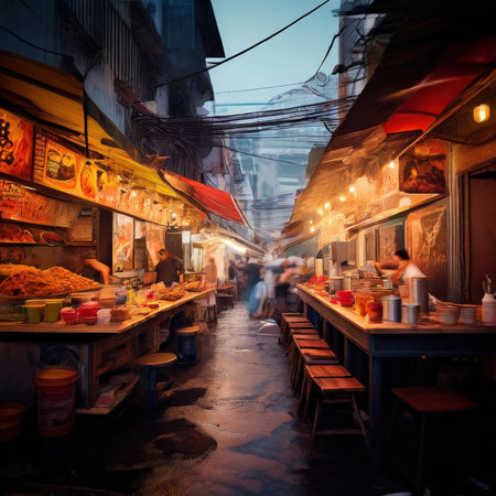 the AI Image Generator, Vibrant Night Market Food Stall With Grilled Dishes And Steamの素材