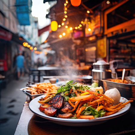 the AI Image Generator, Vibrant Night Market Food Stall With Grilled Dishes And Steamの素材