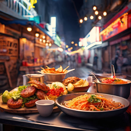 the AI Image Generator, Vibrant Night Market Food Stall With Grilled Dishes And Steamの素材
