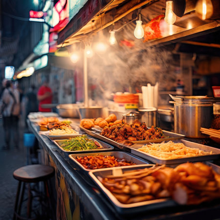 the AI Image Generator, Vibrant Night Market Food Stall With Grilled Dishes And Steamの素材