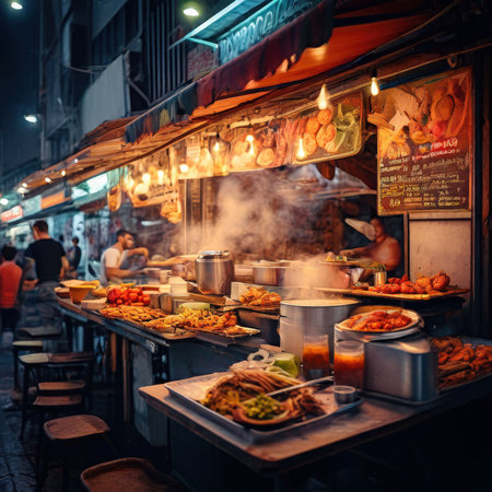 the AI Image Generator, Vibrant Night Market Food Stall With Grilled Dishes And Steamの素材