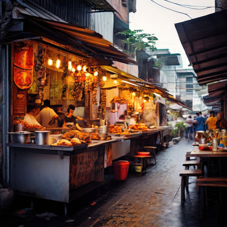 the AI Image Generator, Vibrant Night Market Food Stall With Grilled Dishes And Steamの素材