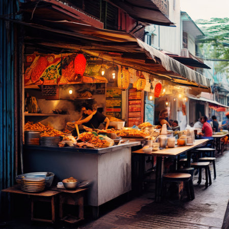 the AI Image Generator, Vibrant Night Market Food Stall With Grilled Dishes And Steamの素材