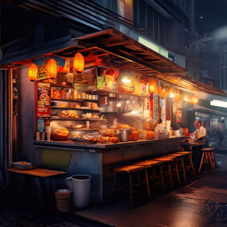 the AI Image Generator, Vibrant Night Market Food Stall With Grilled Dishes And Steamの素材