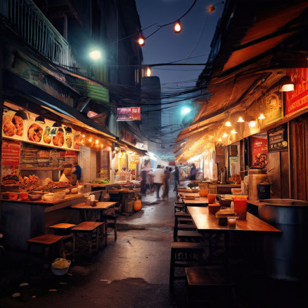 the AI Image Generator, Vibrant Night Market Food Stall With Grilled Dishes And Steamの素材