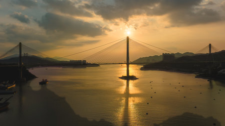 Sunlit Ting Kau Bridge and surrounding scenic views