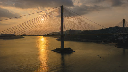 Sunlit Ting Kau Bridge and surrounding scenic viewsの写真素材