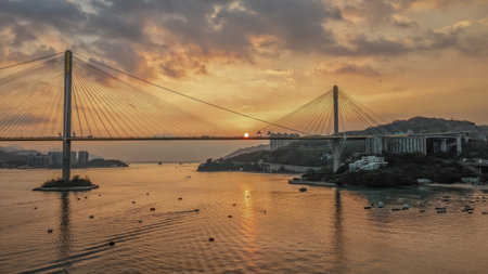 Sunlit Ting Kau Bridge and surrounding scenic views