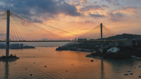 Sunlit Ting Kau Bridge and surrounding scenic viewsの写真素材