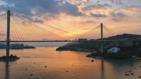 Sunlit Ting Kau Bridge and surrounding scenic viewsの写真素材