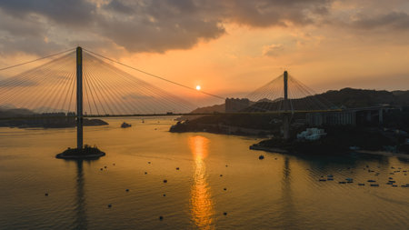 Sunlit Ting Kau Bridge and surrounding scenic views