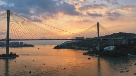 Sunlit Ting Kau Bridge and surrounding scenic viewsの写真素材