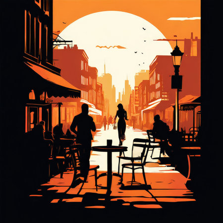 the AI Image Generator, Golden Sunset Market Street With Silhouetted Figures In An Urban Alleyの素材