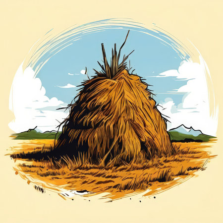 the AI Image Generator, Golden Haystack in Open Field Under Clear Skyの素材