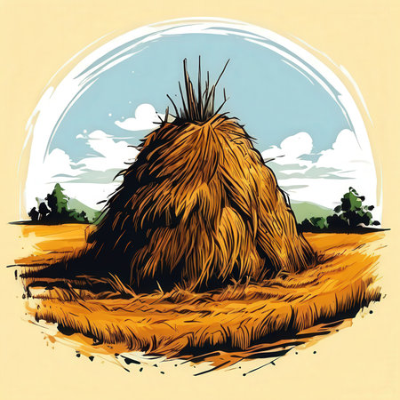 the AI Image Generator, Golden Haystack in Open Field Under Clear Skyの素材