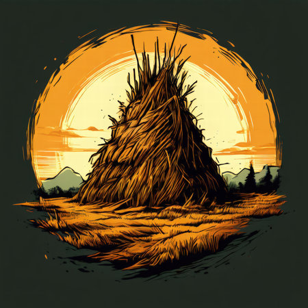 the AI Image Generator, Golden Haystack in Open Field Under Clear Skyの素材