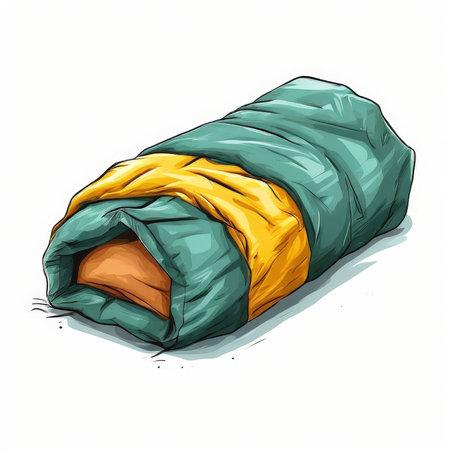 the AI Image Generator, Brightly Colored Sleeping Bag Displayed Rolled Up Readyの素材