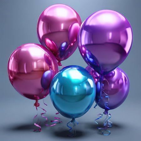 the AI Image Generator, Colorful Balloons Celebration Set With Floating Ribbonsの素材
