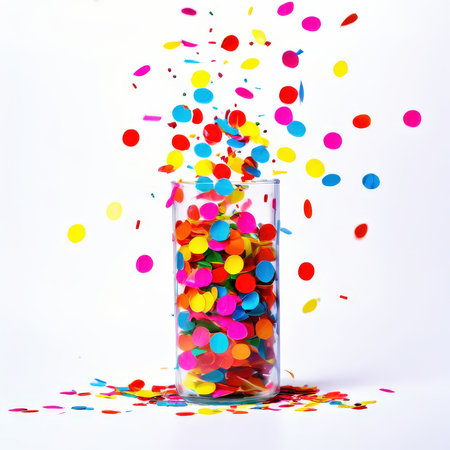 the AI Image Generator, Vibrant Confetti Burst From White Cup Celebrates Joy,の素材