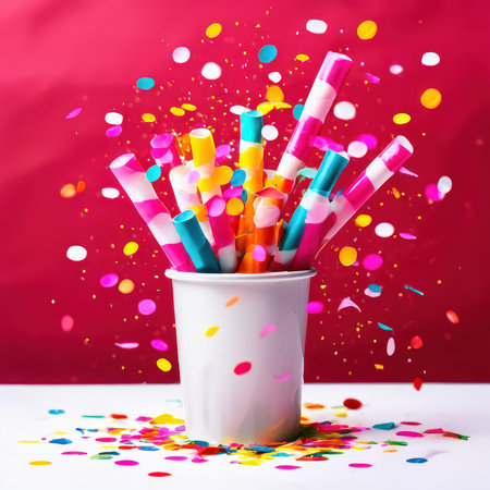 the AI Image Generator, Vibrant Confetti Burst From White Cup Celebrates Joy,の素材