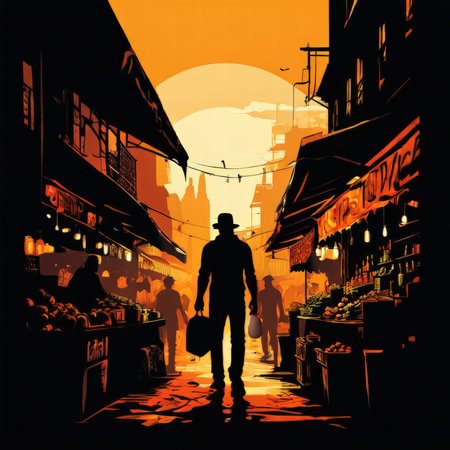 the AI Image Generator, Golden Sunset Market Street With Silhouetted Figures In An Urban Alleyの素材