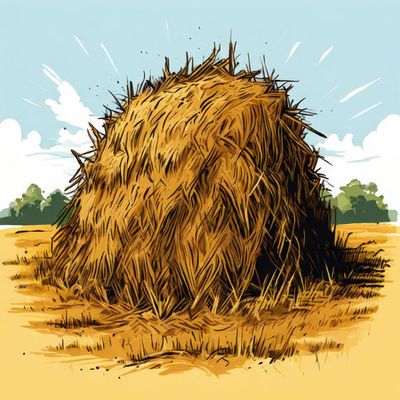 the AI Image Generator, Golden Haystack in Open Field Under Clear Skyの素材