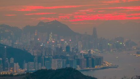 a Stunning Hong Kong Skyline At Sunset Cityscapeのeditorial素材