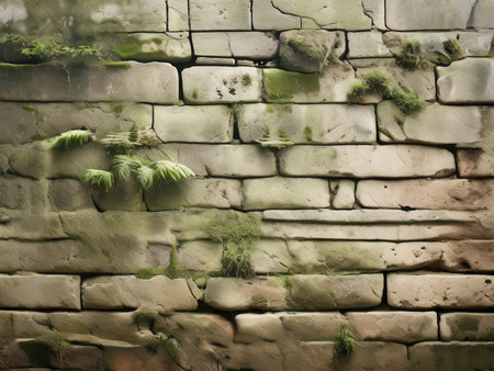the AI Image Generator, Moss-Covered Stone Wall With Weathered Blocksの素材