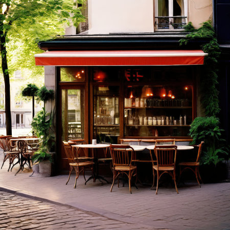 the AI Image Generator, Cozy European Street Cafe Illuminatedの素材