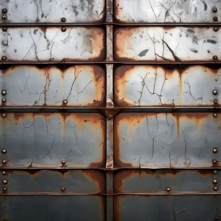 the AI Image Generator, Metal Wall Panels With Cracked Surfaces And Industrial Grid Pattern Across Blocksの素材