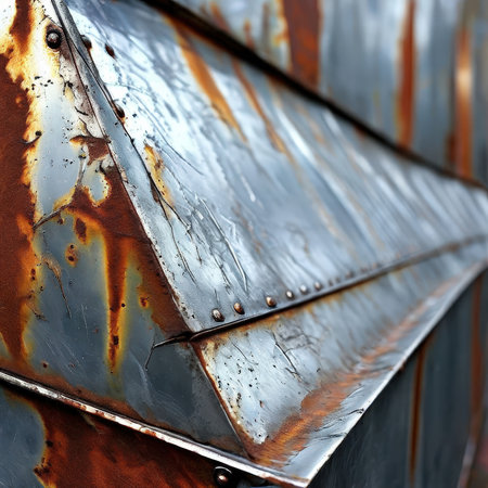 the AI Image Generator, Metal Wall Panels With Cracked Surfaces And Industrial Grid Pattern Across Blocksの素材