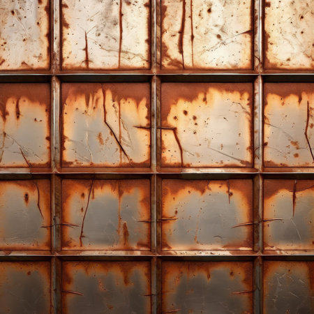 the AI Image Generator, Metal Wall Panels With Cracked Surfaces And Industrial Grid Pattern Across Blocksの素材