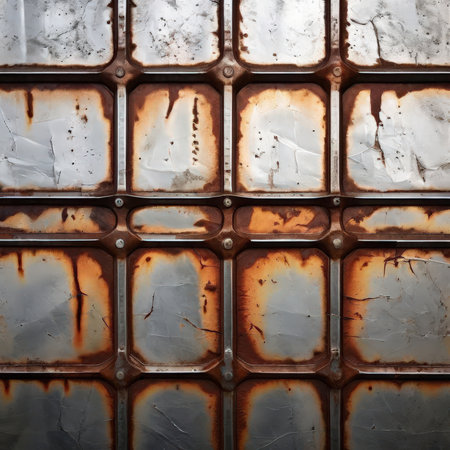 the AI Image Generator, Metal Wall Panels With Cracked Surfaces And Industrial Grid Pattern Across Blocksの素材