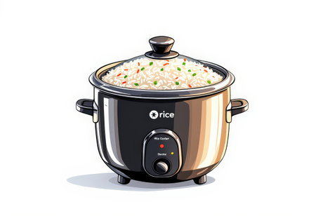the AI Image Generator, Rice Cooker with Steaming Rice and Bowl for Modern Kitchenの素材