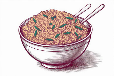 the AI Image Generator, Illustrated Rice Bowl With Herbs and Chopsticksの素材