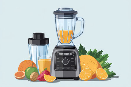 the AI Image Generator, Modern Blender Surrounded by Tropical Fruits and Leavesの素材