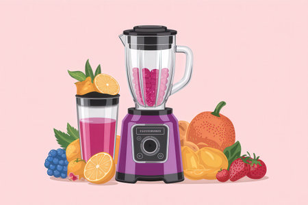 the AI Image Generator, Modern Blender Surrounded by Tropical Fruits and Leavesの素材