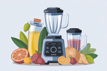 the AI Image Generator, Modern Blender Surrounded by Tropical Fruits and Leavesの素材
