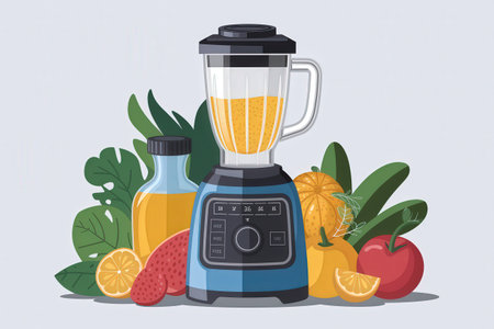 the AI Image Generator, Modern Blender Surrounded by Tropical Fruits and Leavesの素材