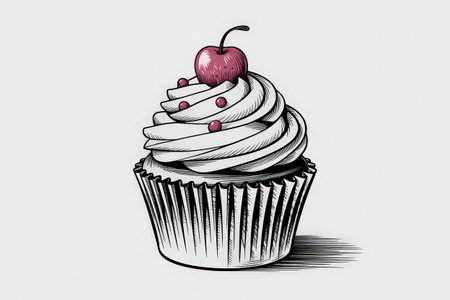the AI Image Generator, Detailed Cupcake Illustration with Cherry Topping and Elegant Frostingの素材