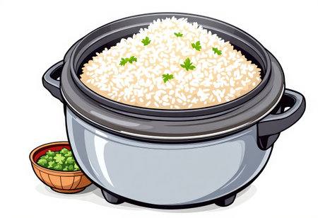 the AI Image Generator, Rice Cooker with Steaming Rice and Bowl for Modern Kitchenの素材